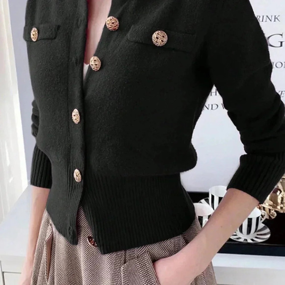 Black Casual Women's Long Sleeve Knit Ribbed Button Round Neck Cardigan - Picture 5 of 5